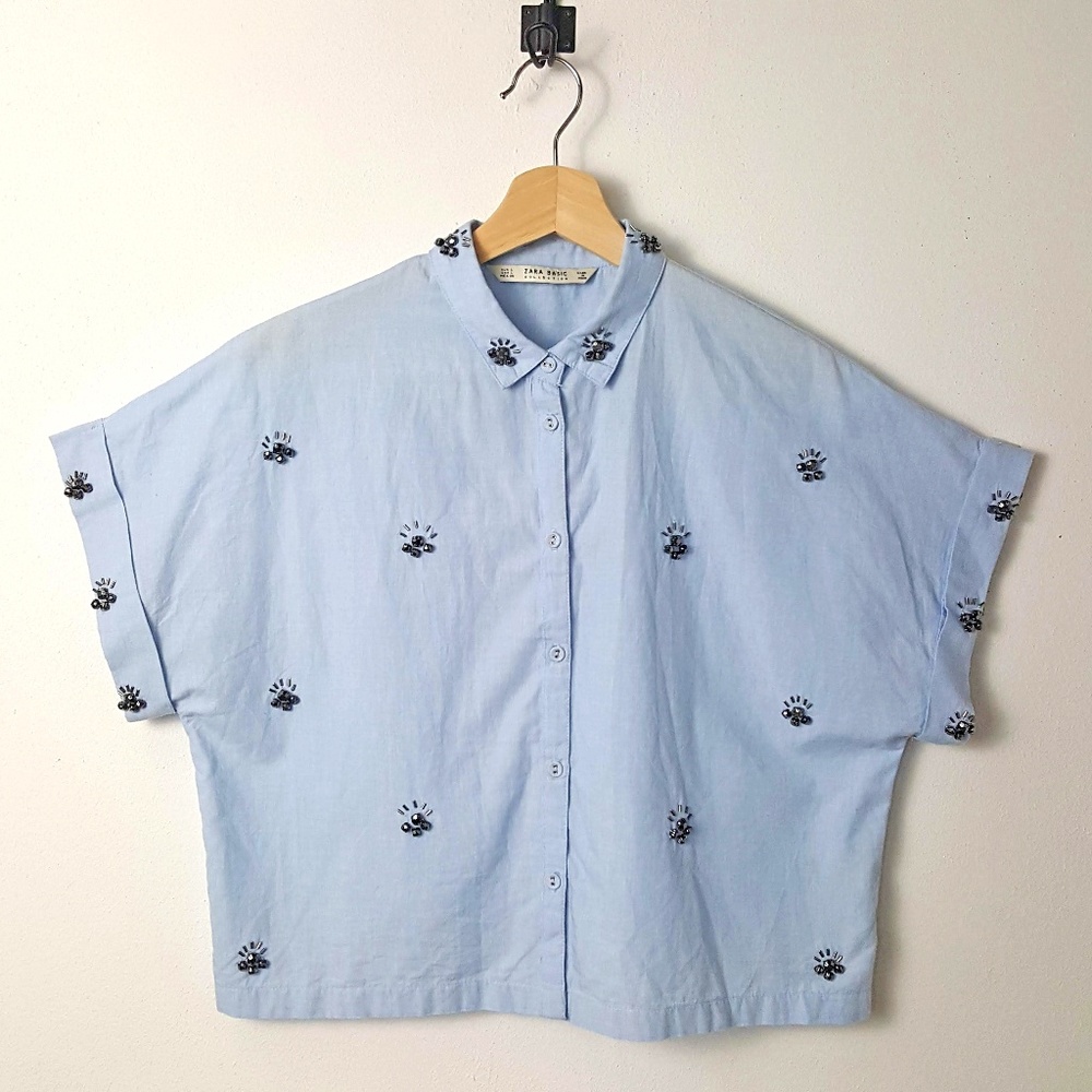 Zara Basic Jewel Cropped Button Up Cotton Top L